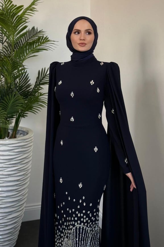 Farah Kolları Pelerinli Abiye Lacivert - Resim 3