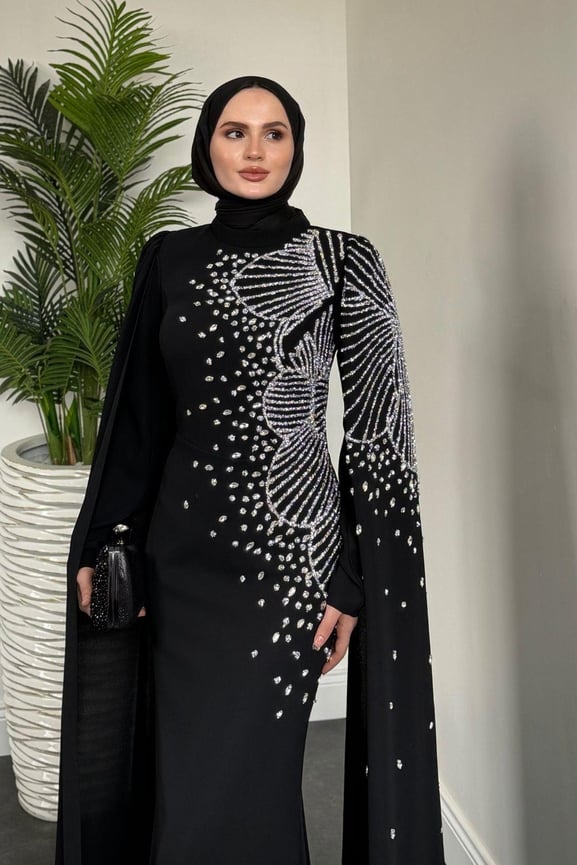 Carla Yandan Taşlı Abiye Siyah