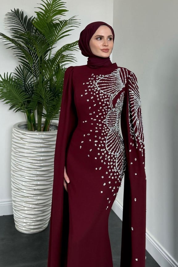 Carla Yandan Taşlı Abiye Bordo - Resim 2