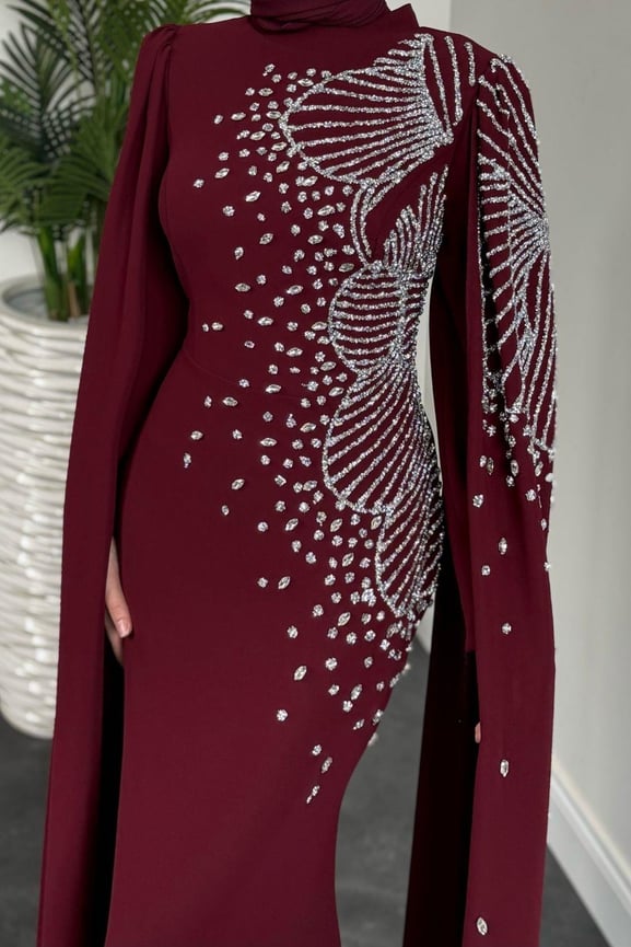 Carla Yandan Taşlı Abiye Bordo - Resim 3