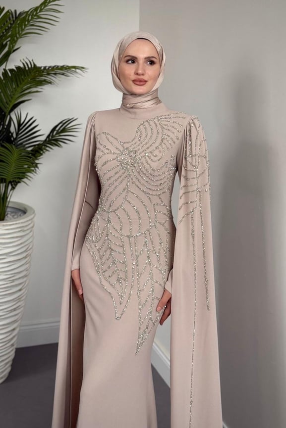 Mery Taşlı Pelerinli Abiye Krem - Resim 3