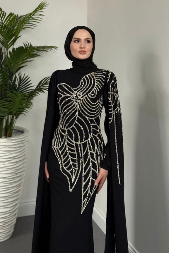 Mery Taşlı Pelerinli Abiye Siyah - Resim 2